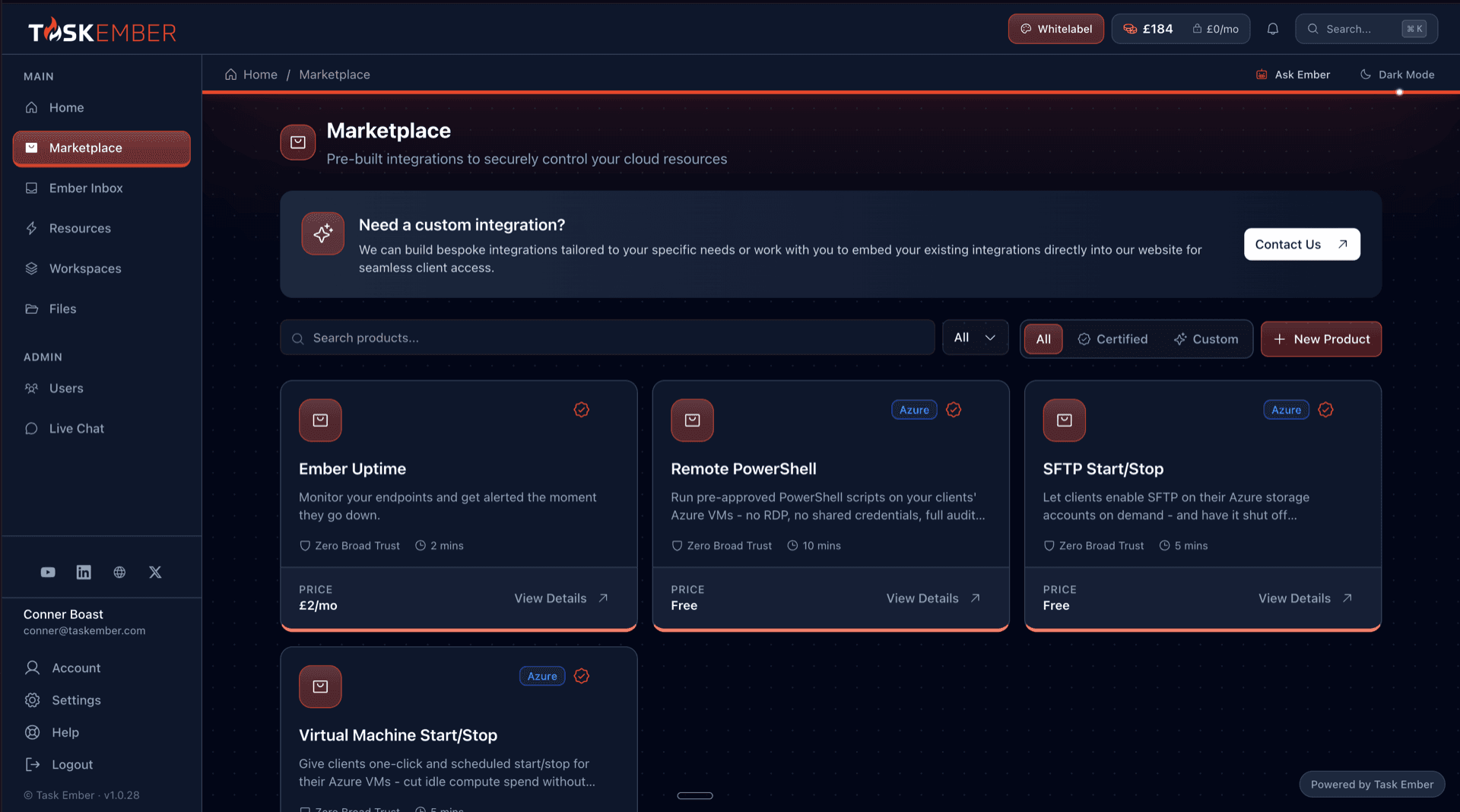 The Marketplace product grid showing Ember Uptime, Remote PowerShell, and SFTP Start/Stop